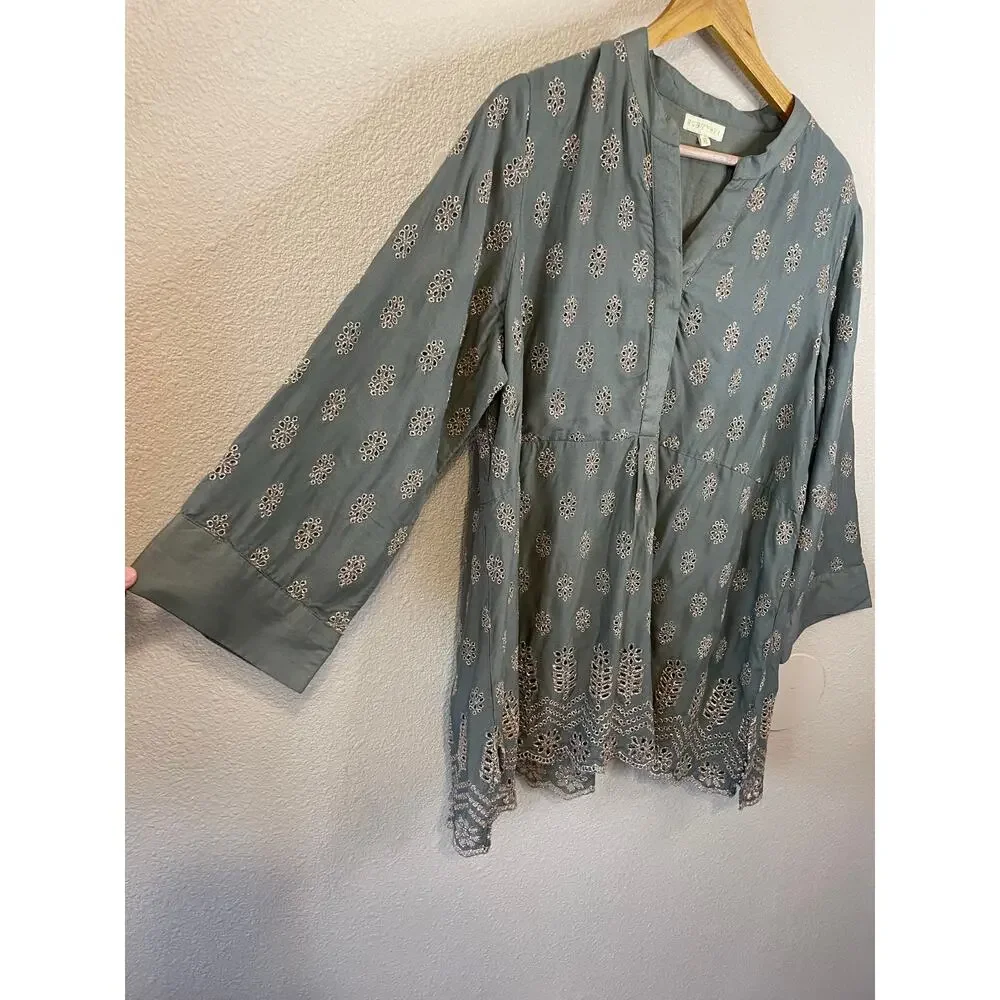 Ruby Yaya Boho Festival Style Green W/ Metallic Eyelet Long Sleeve Tunic XL - Picture 13 of 16